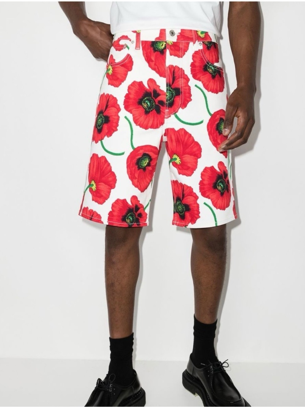Kenzo White Denim Shorts with Red Poppy Print